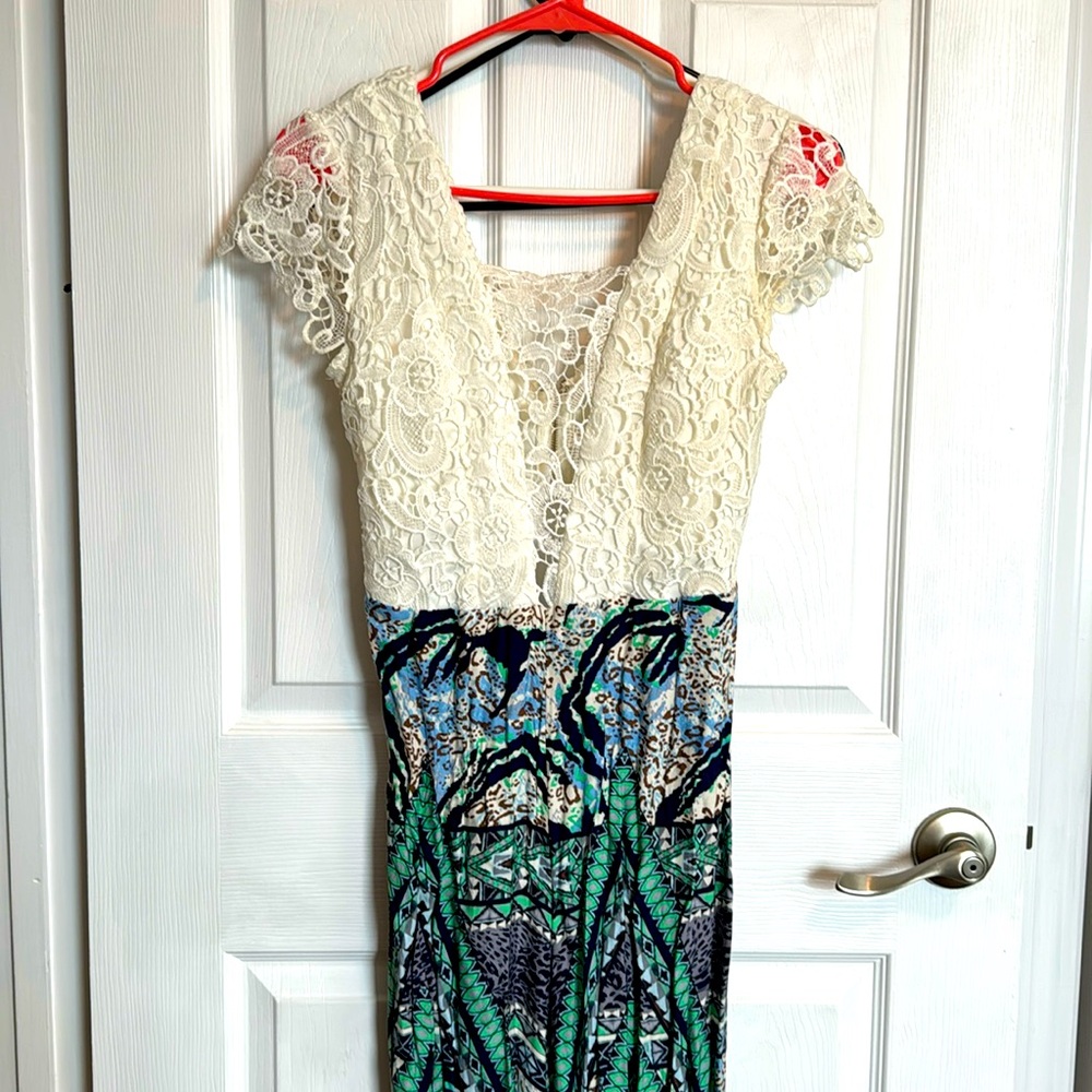 White lace top, blue & green patterned pant leg jump suit - super cute!
